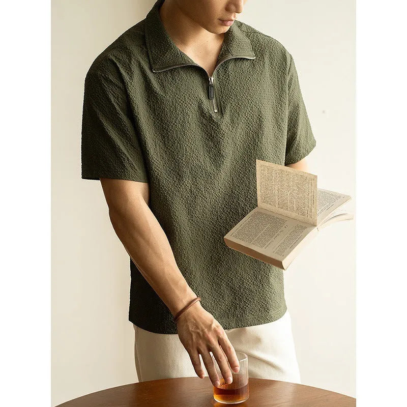 Men's cedar green loose fit short sleeve shirt made from quick-drying polyester fabric