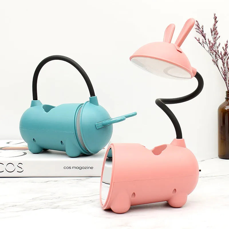 Cartoon desktop pen container table lamp with USB power supply in green, dark blue, or pink colour options
