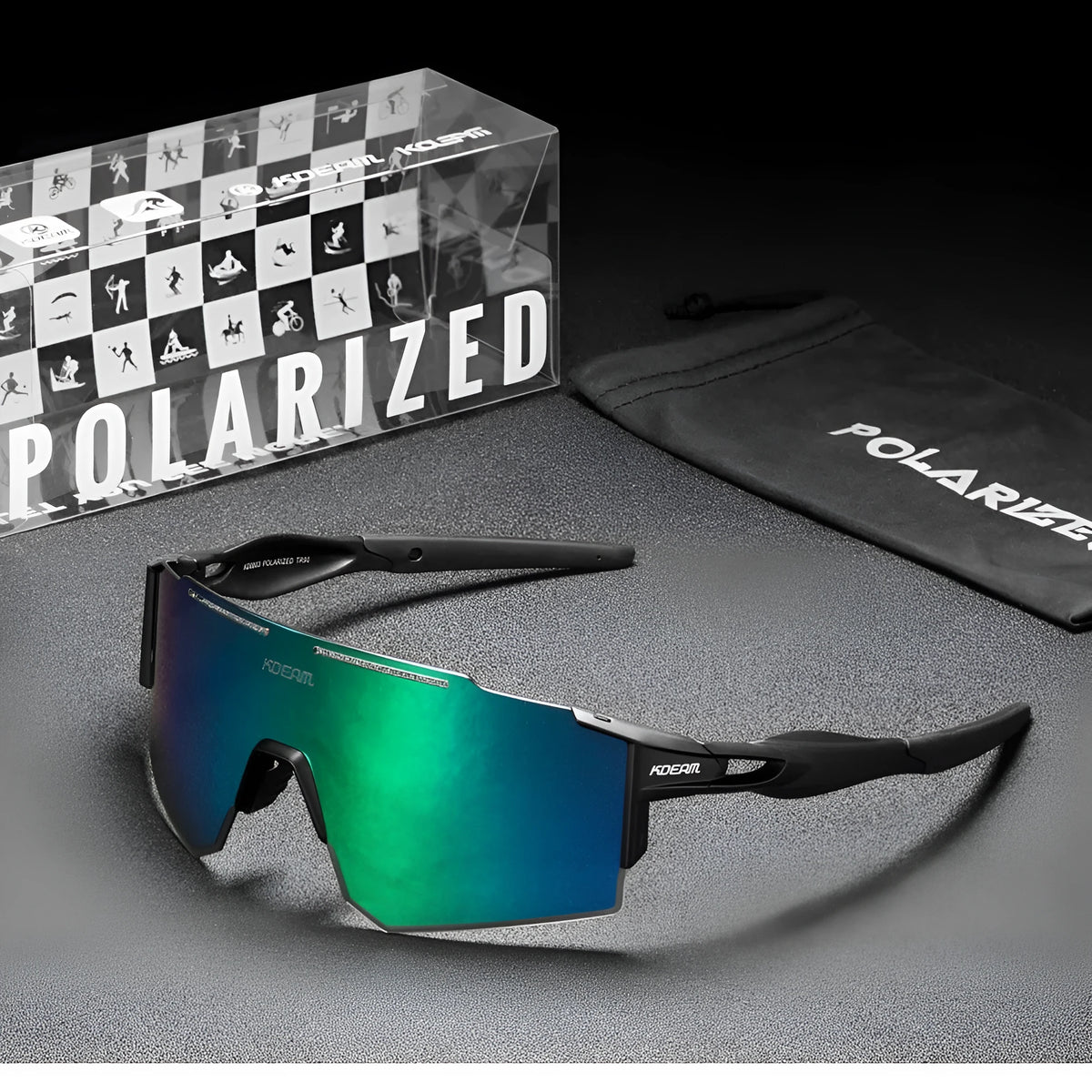 Polarised frameless cycling sunglasses with TR90 sports frame in assorted colours.