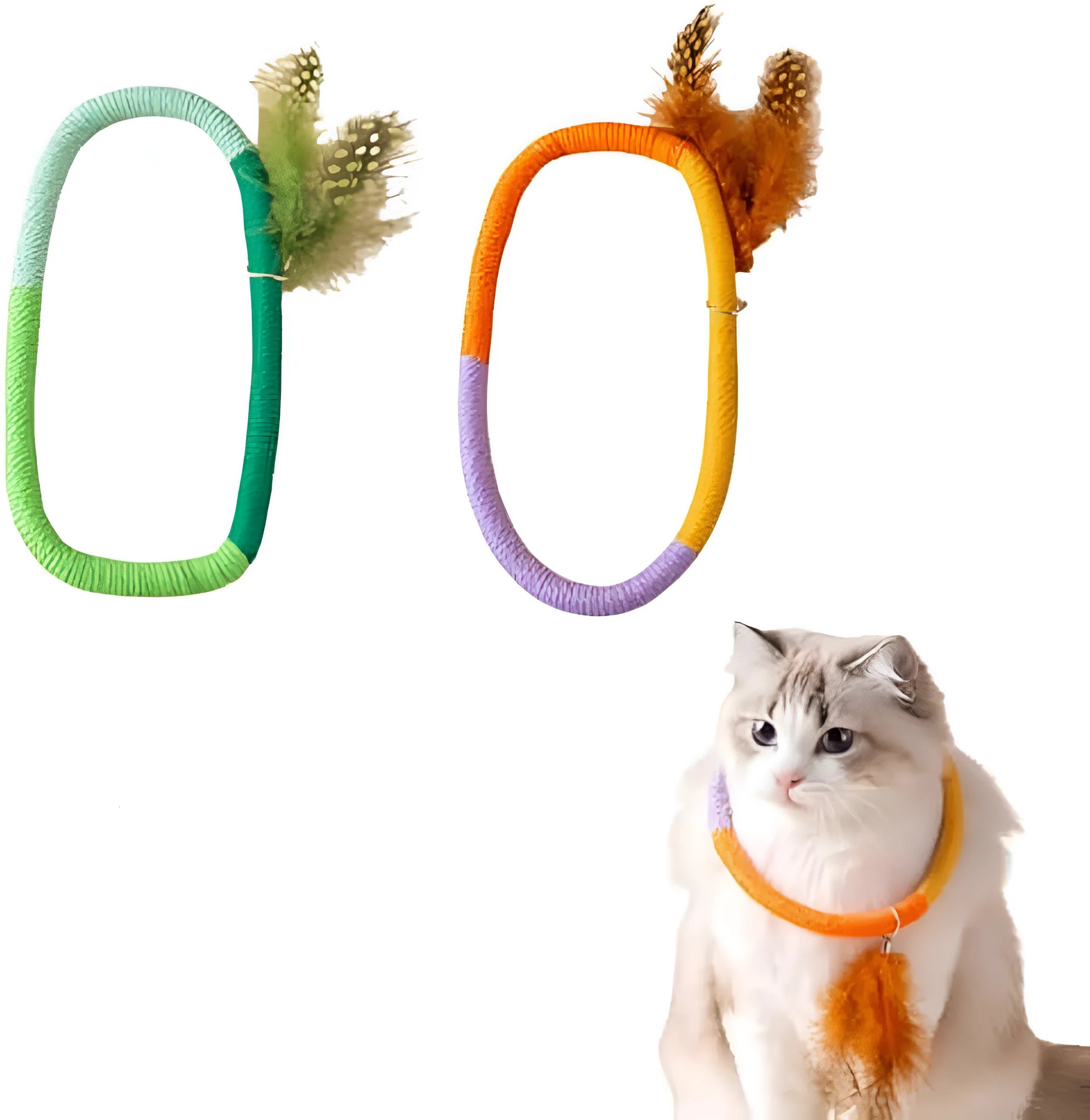 Green circular cotton rope cat toy with white feathers and catnip for indoor cats