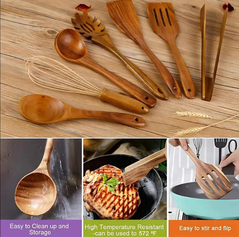 Seven wooden cooking utensils arranged together showing different shapes and sizes