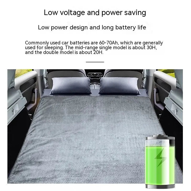 Grey 12V car electric blanket with cigarette lighter plug, shown in single and double sizes for driver and passenger warmth.