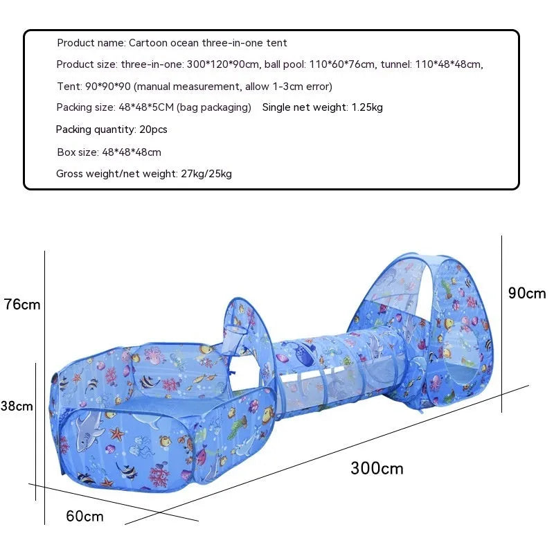 Three-in-one children's tent with marine cartoon design showing fabric tent, ball pool and connecting tunnel sections