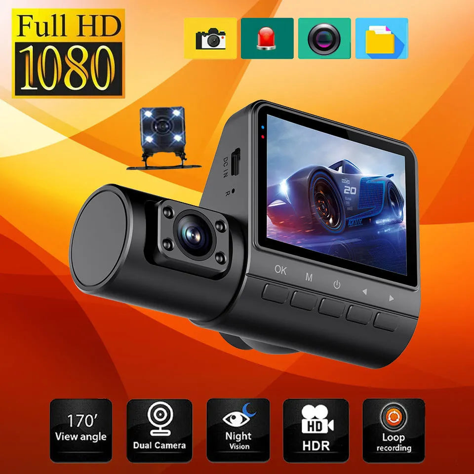 Black plastic 1080P car recorder with 170° angle, touch screen, 128G storage and night vision enhancement