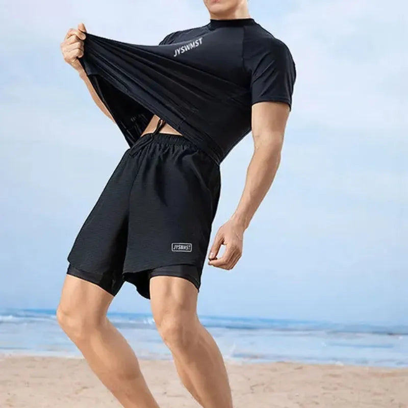 Men's plus size swimming trunks and matching rash guard top in polyester fabric.