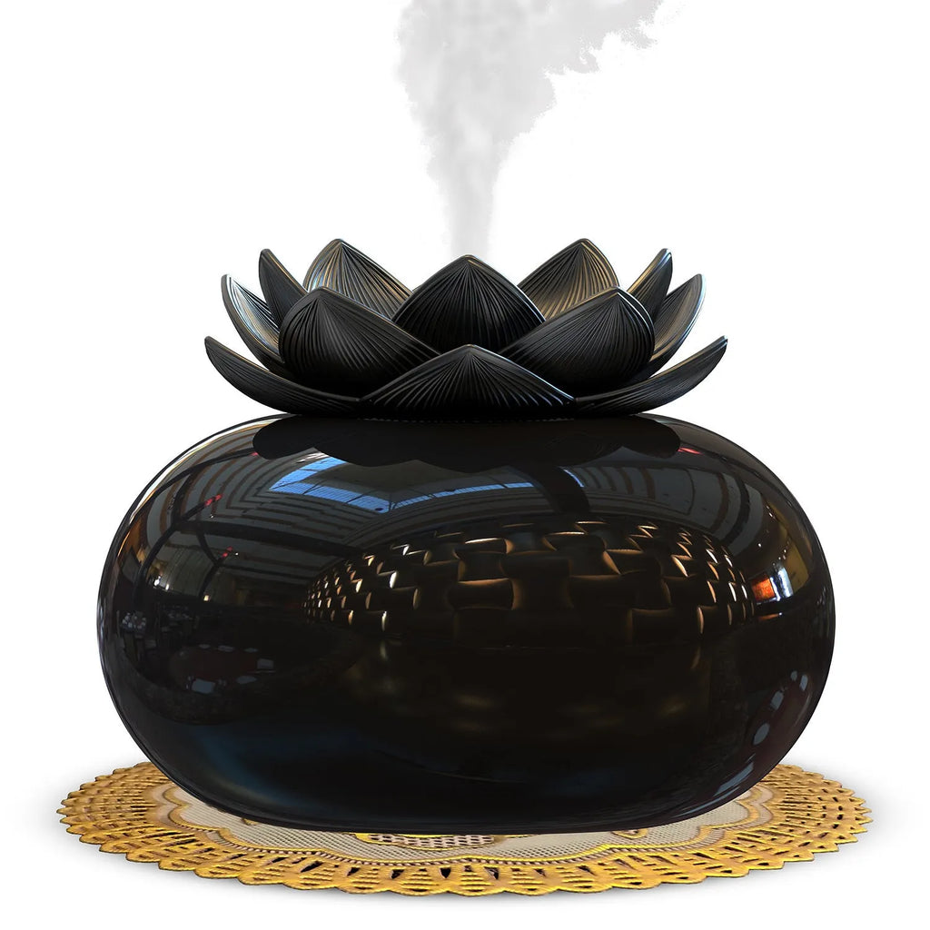 Pure black lotus-shaped aromatherapy humidifier with ceramic top and USB cable