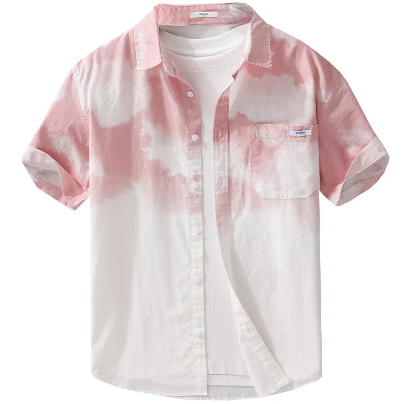 Light pink men's loose-fit cotton cardigan shirt on a hanger