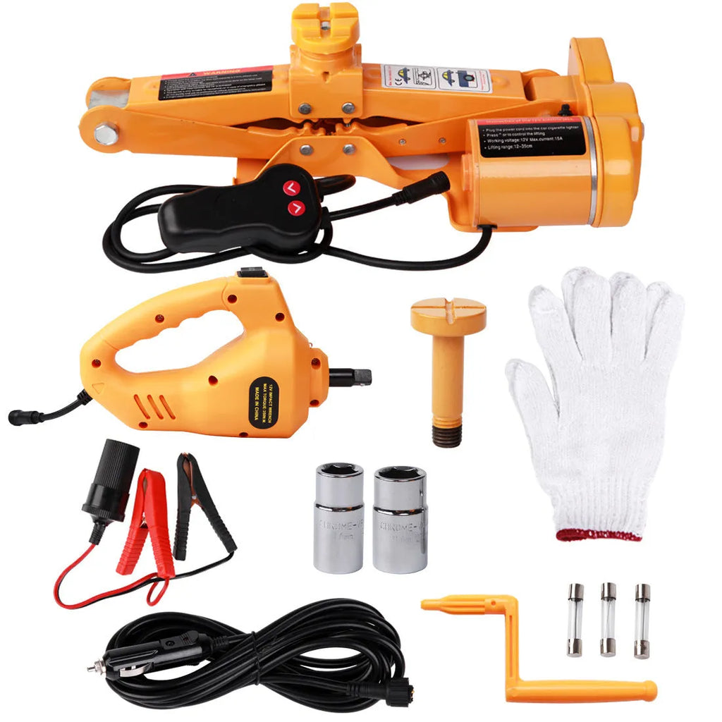 Yellow steel electric car jack and wrench set for vehicle tyre changes