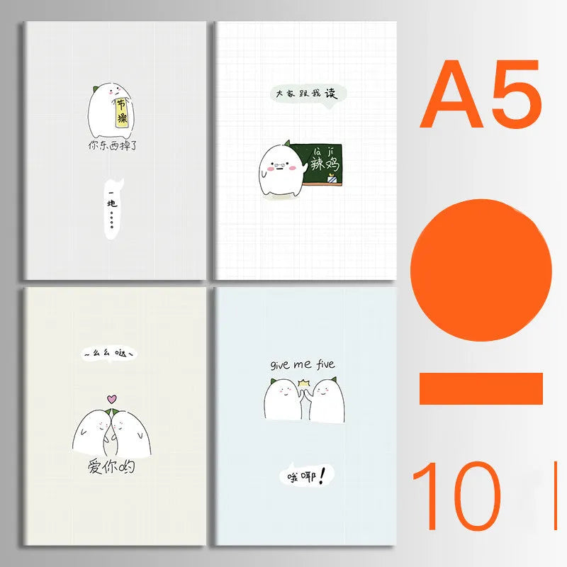 Ten soft cover kraft paper notebooks with thread binding in A5 and B5 sizes showing multiple design styles