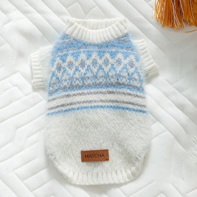 Diamond-shaped two-legged dog sweater in blue, sizes XS to XL for small dogs and cats