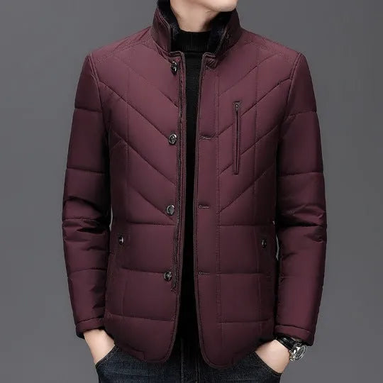 Men's dark blue short winter coat with side seam pockets and cotton-padded filler.