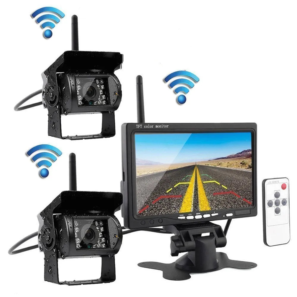 7 inch wireless reversing monitor with four cameras, 16:9 TFT LCD, black plastic housing 175 x 115 x 20 mm