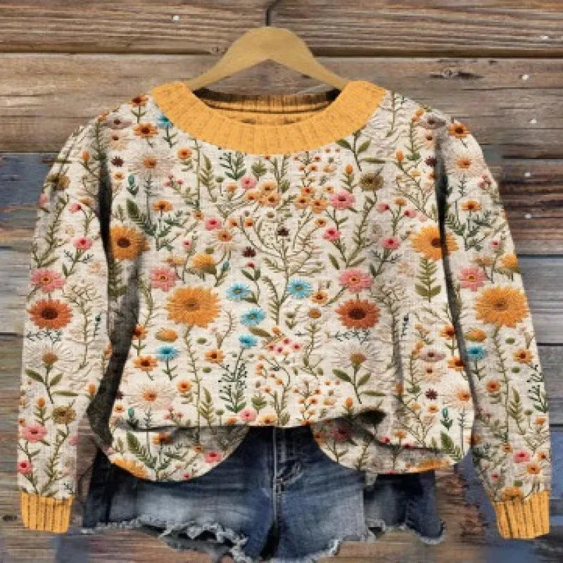 Digital printed little flower pattern round neck sweater in polyester fabric