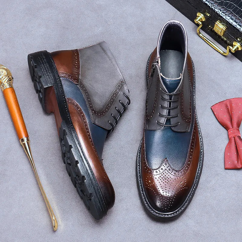 Men's coffee blue leather brogue boots with colour blocking, carved detail, and a low square heel.