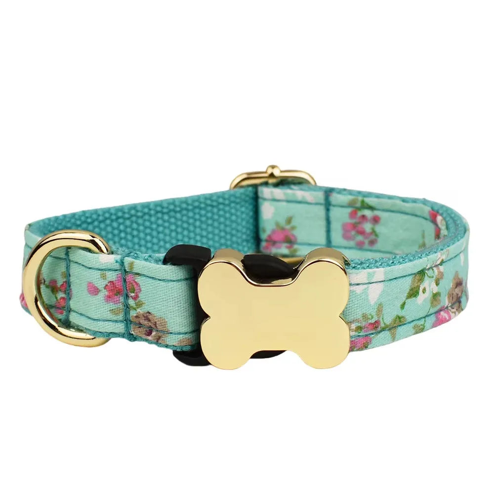 Flat nylon dog collar with printed grid pattern and bone-shaped buckle in multiple colour options