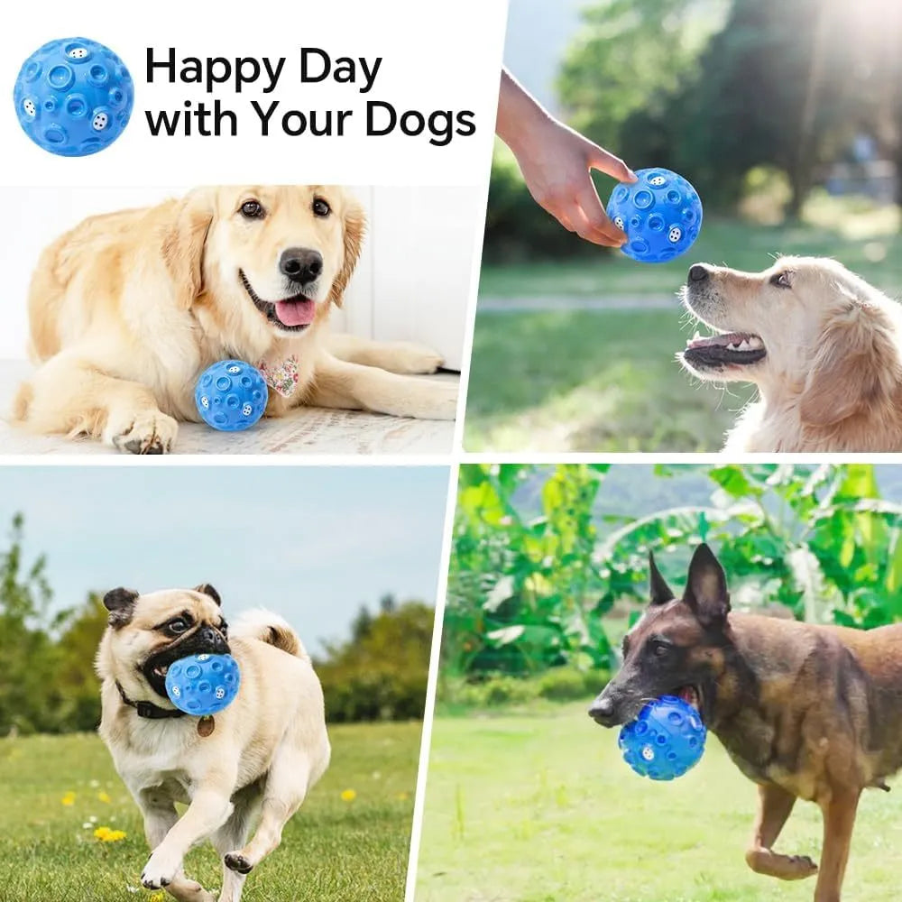 Colourful natural rubber dog chew ball with textured surface and meteorite-shaped bumps
