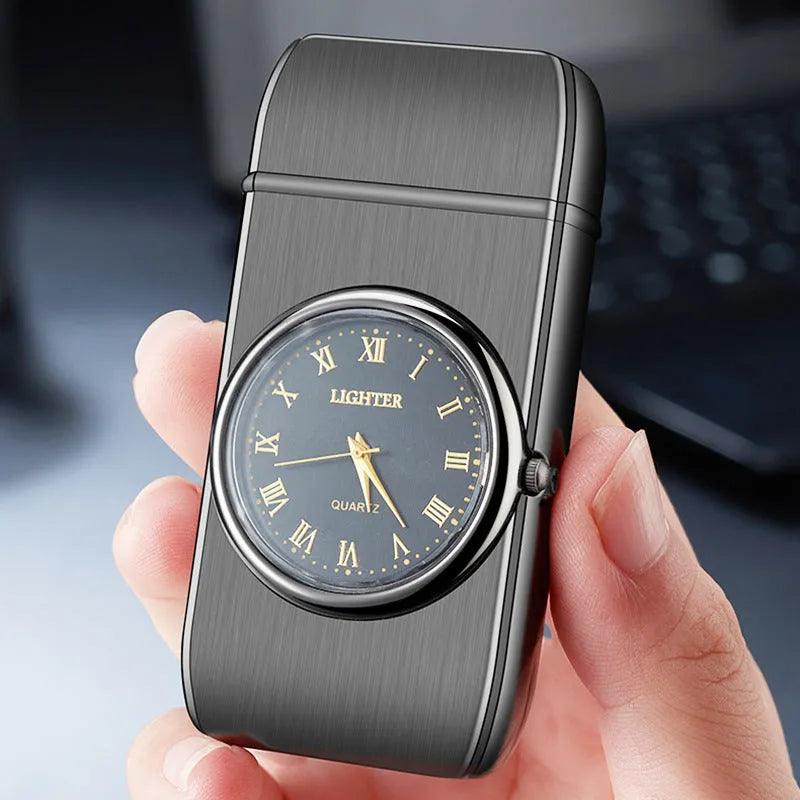 Personalized electronic watch lighter with LED lamp in metal body showing multiple functions