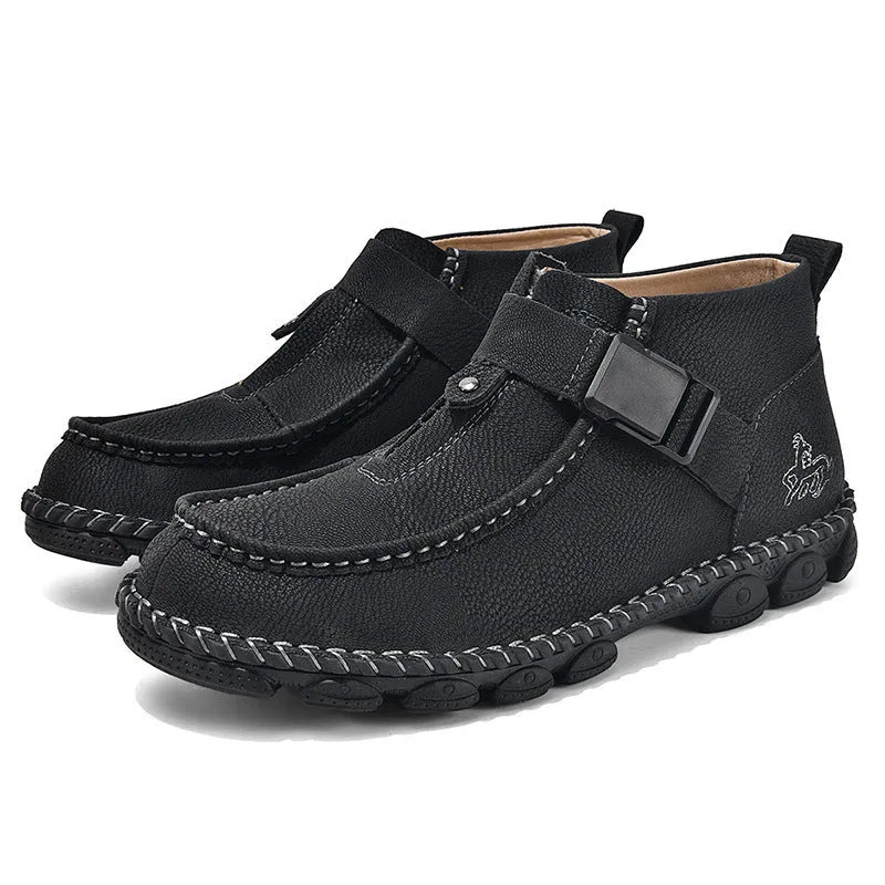 Handmade stitching casual flat bottom slip-on lazy shoes in black PU leather on a white background.