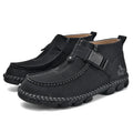 Handmade stitching casual flat bottom slip-on lazy shoes in black PU leather on a white background.