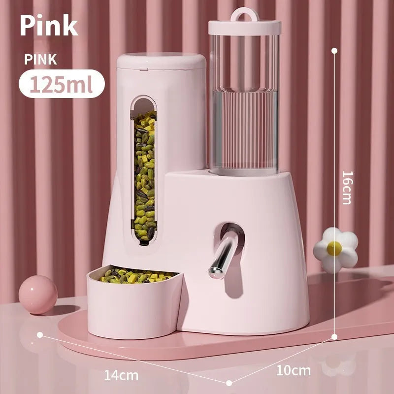 White hamster automatic drinking water feeder with combined food basin for cage mounting
