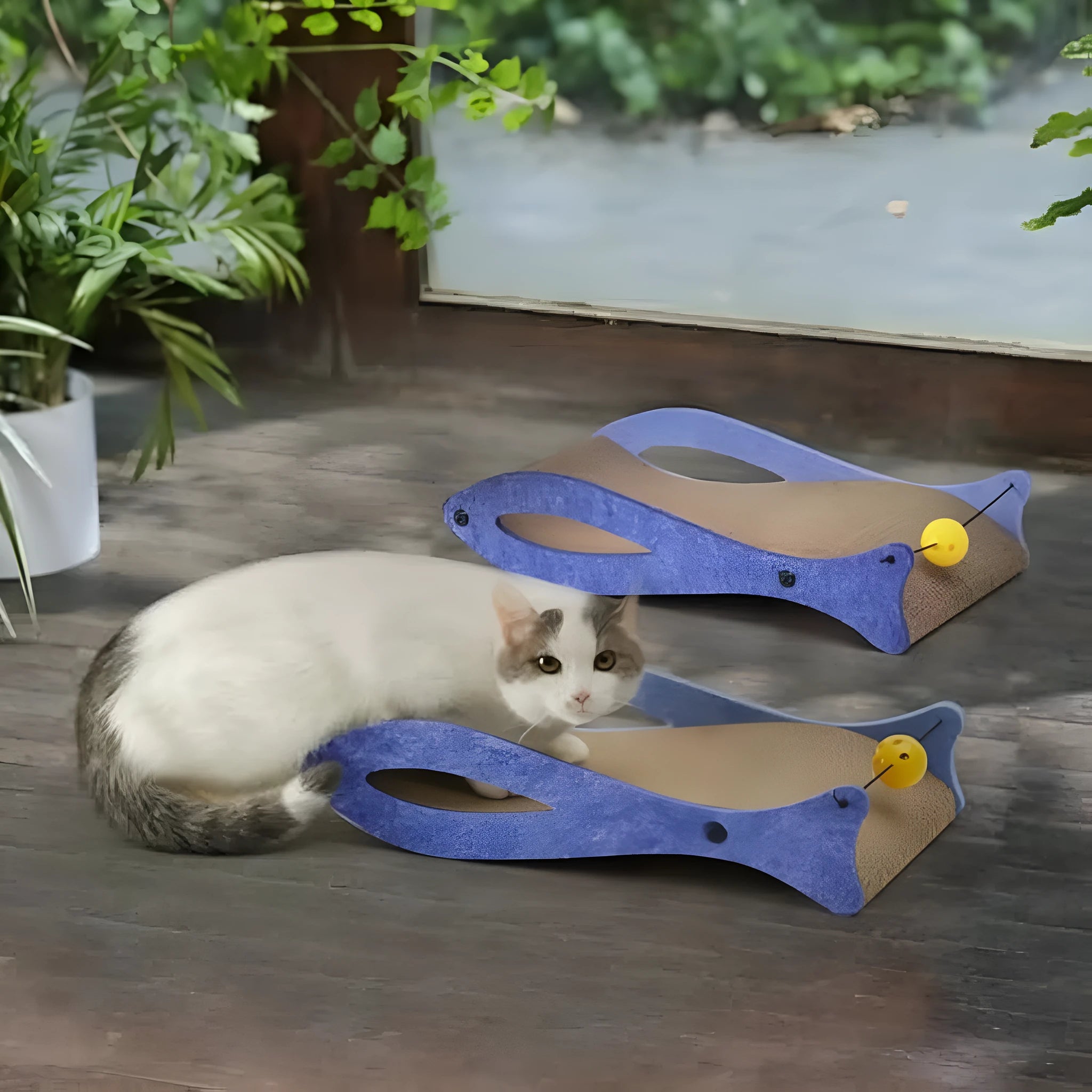Blue fish-shaped cat scratcher pad with corrugated cardboard surface and integrated bell ball toy