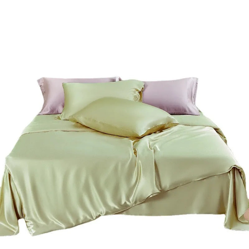 Solid colour silk duvet cover in lotus pink, pea green, bright brown, mysterious purple, white, and silver blue.
