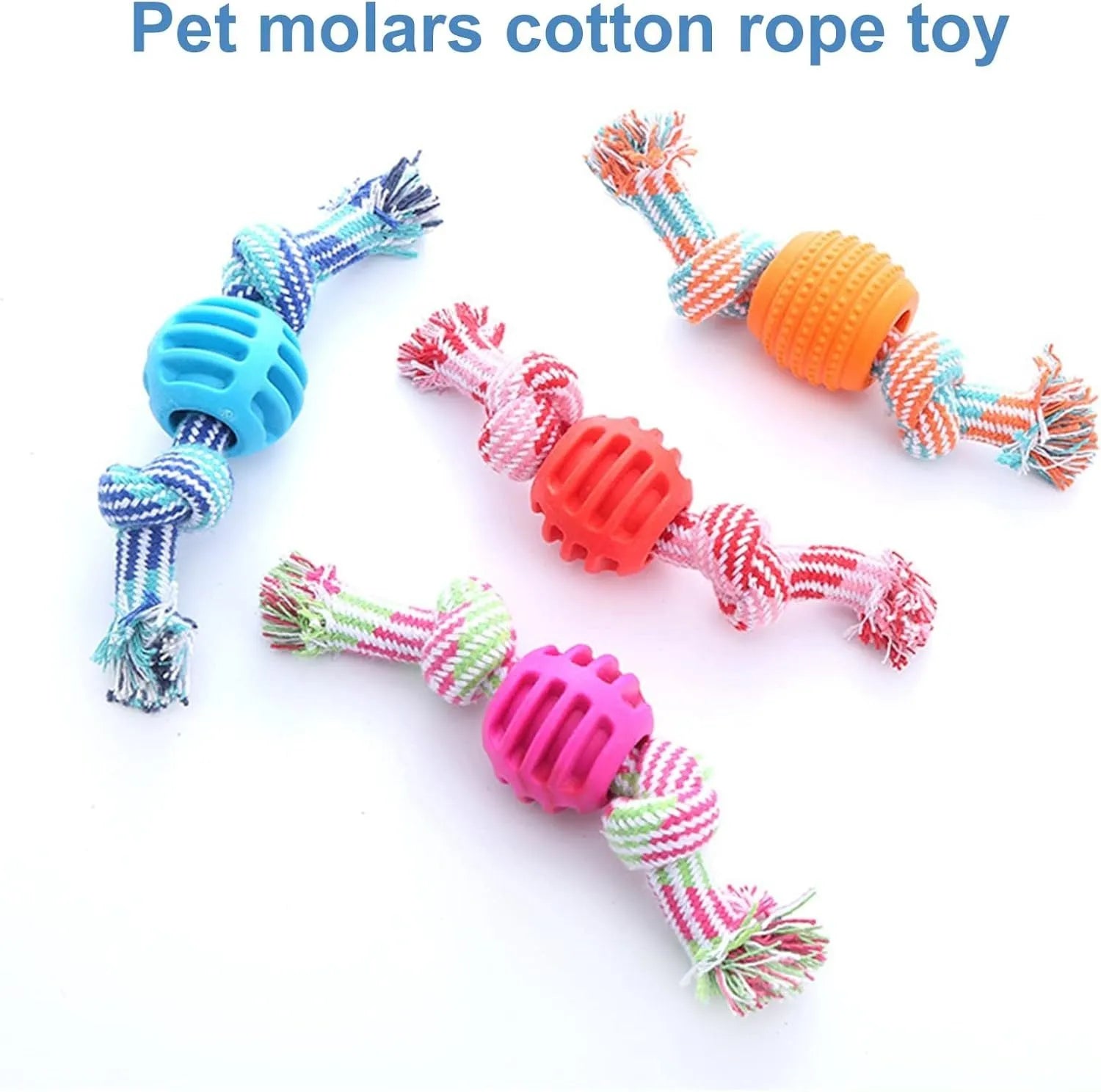 Blue soft dog chew toy with molar-shaped textured head and integrated knotted rope for dental care.