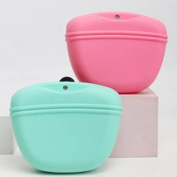Silicone clip-on dog treat waist bag in colour choice, showing magnetic closure and belt clip.