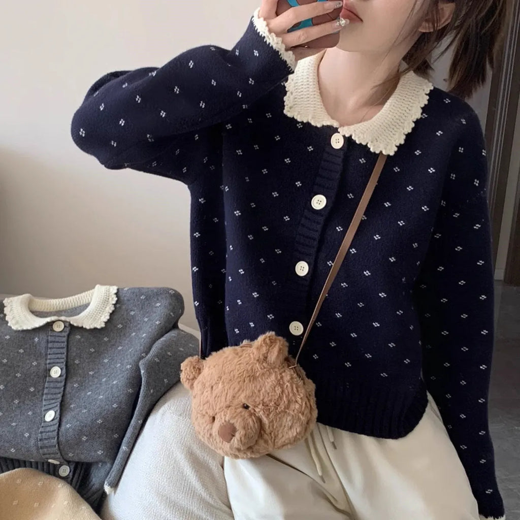 Retro Peter Pan collar floral pattern knitted cardigan in navy blue, apricot, or grey