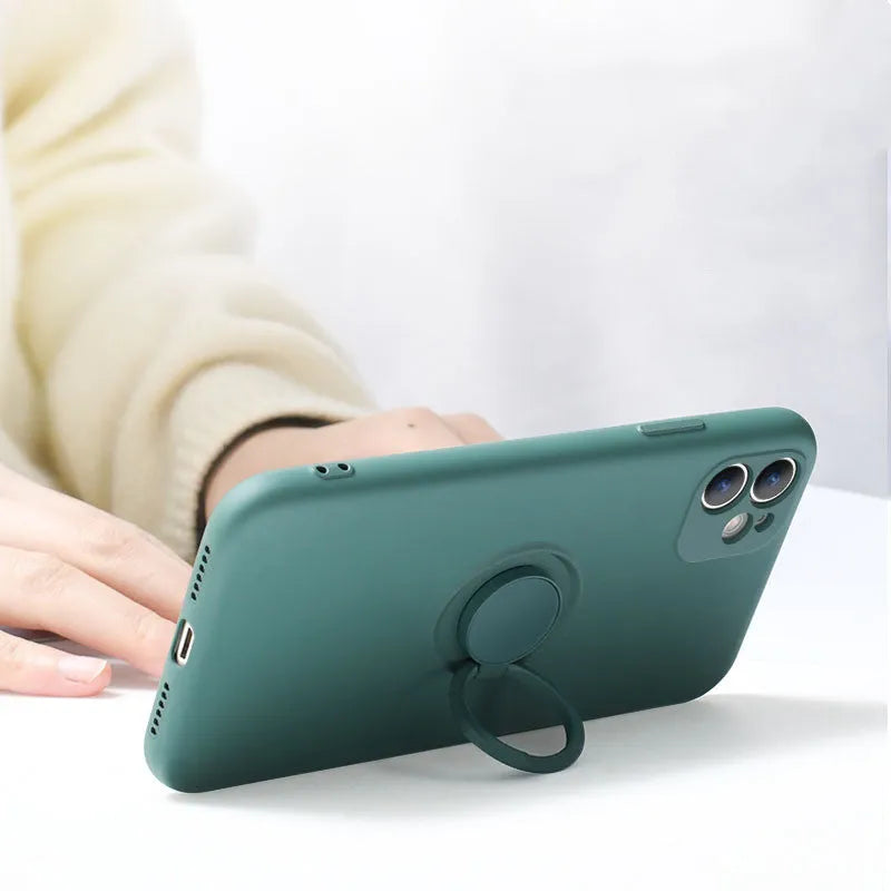 Liquid silicone iPhone case with built-in ring bracket in multiple colour options