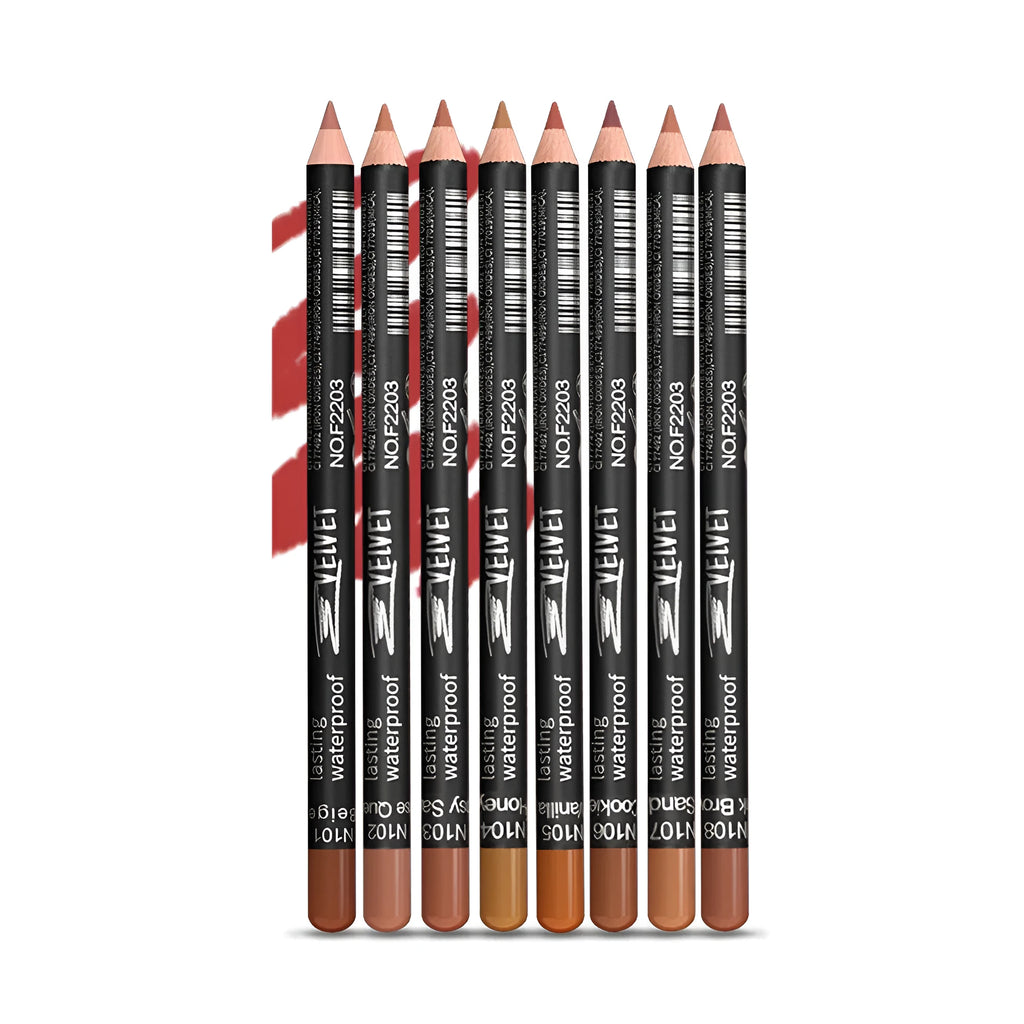 Matte finish lip liner pencil in a standard size, shown in one of fourteen available shade numbers.