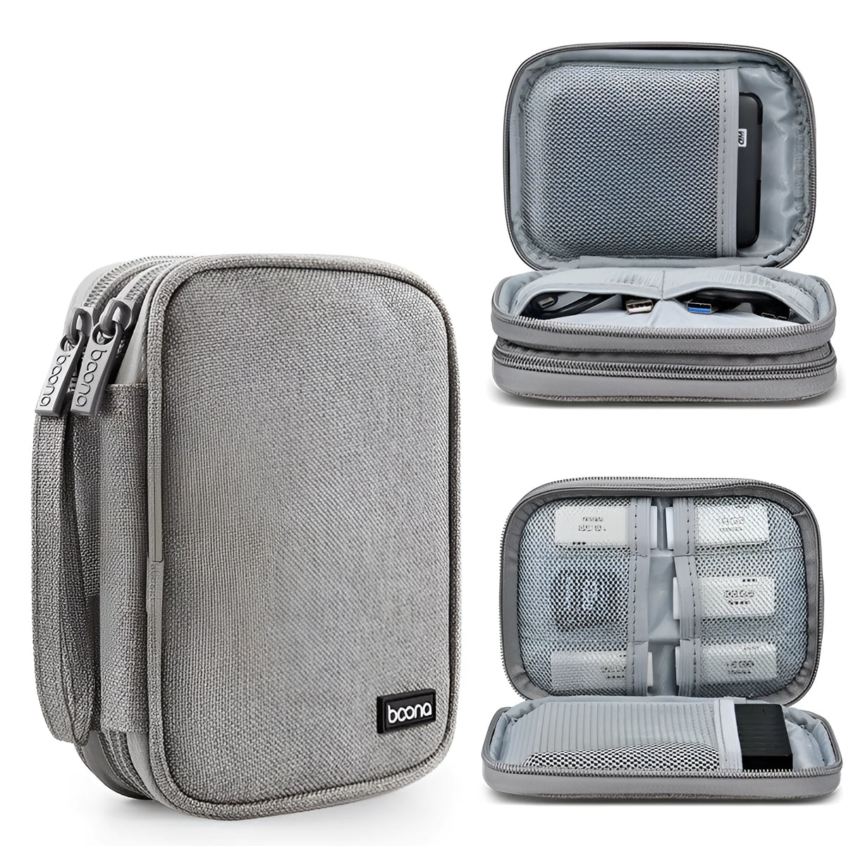 Black and grey Oxford cloth protective covers for 2.5-inch portable hard drives.