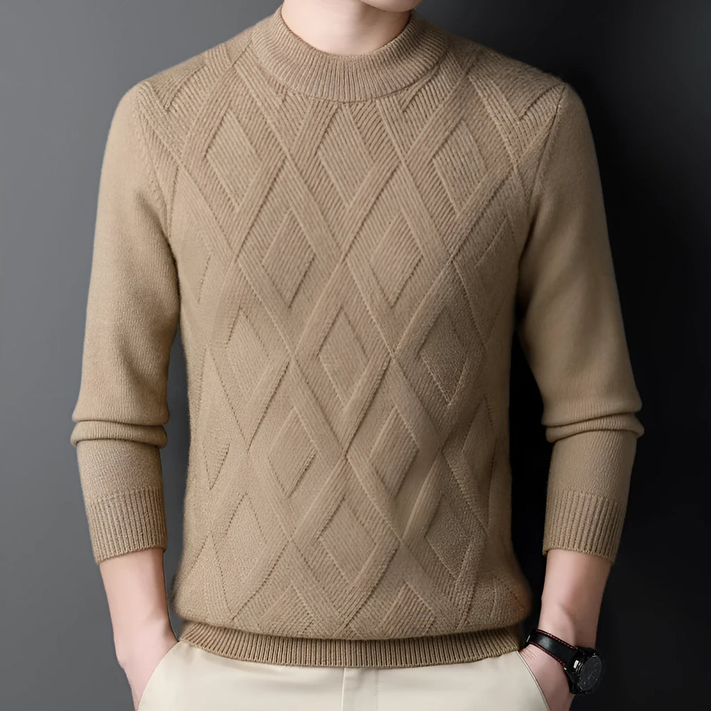 Men's diamond jacquard winter sweater in a wool blend, shown in light camel colour.
