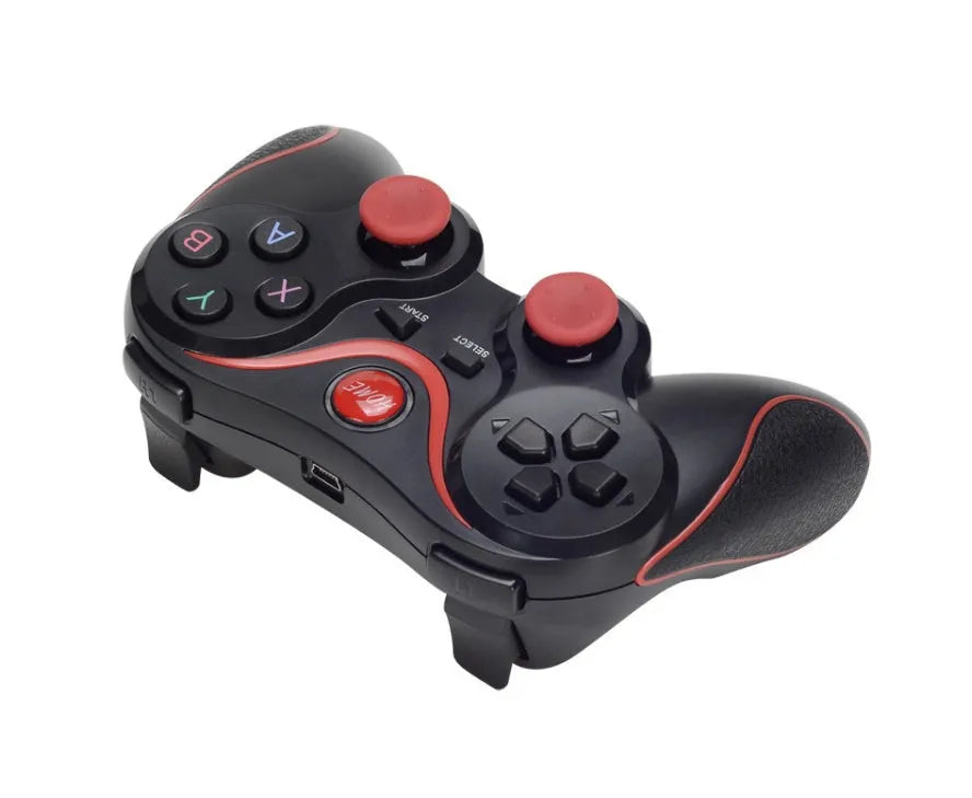 Black X3 Bluetooth wireless game controller for Android phones with phone clip attached