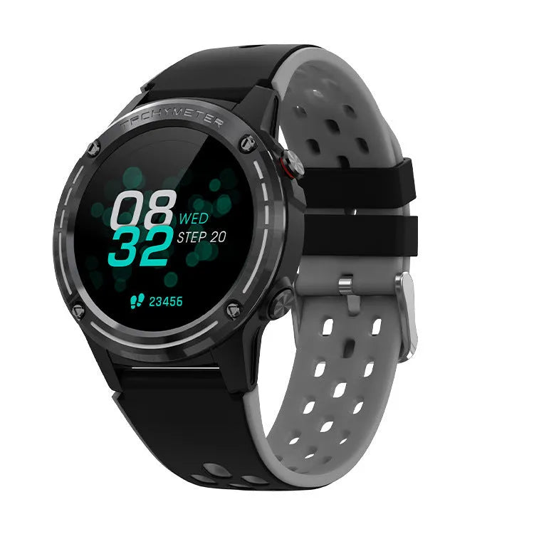 GPS smart watch with black silicone strap and toughened glass screen showing fitness tracking display