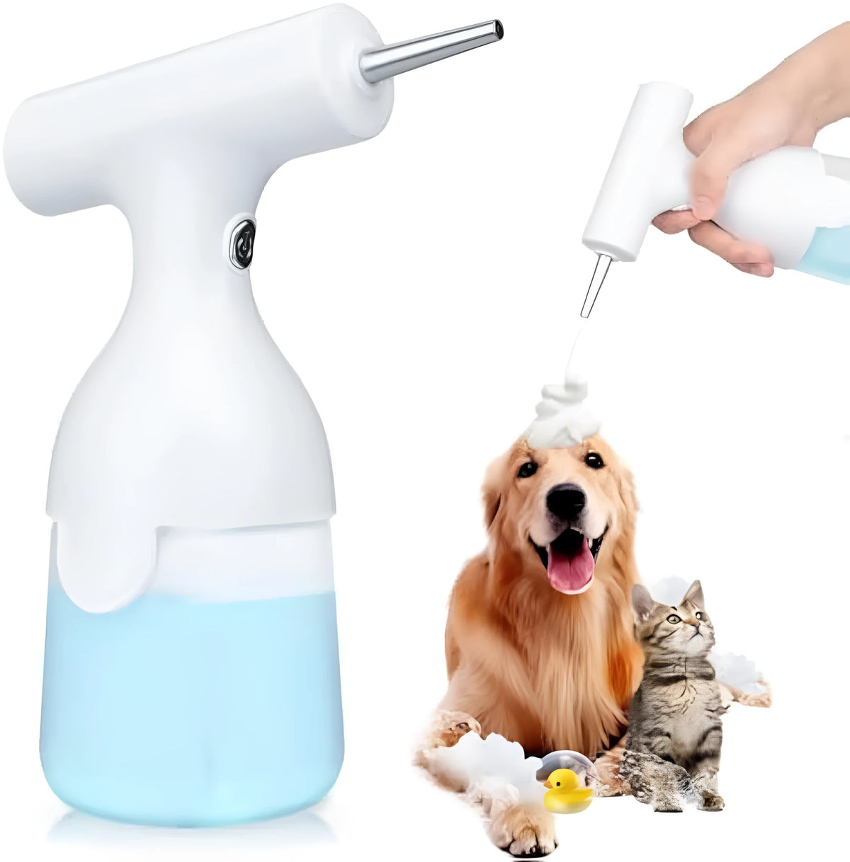 White electric foam soap dispenser for pet baths and household cleaning with rechargeable battery