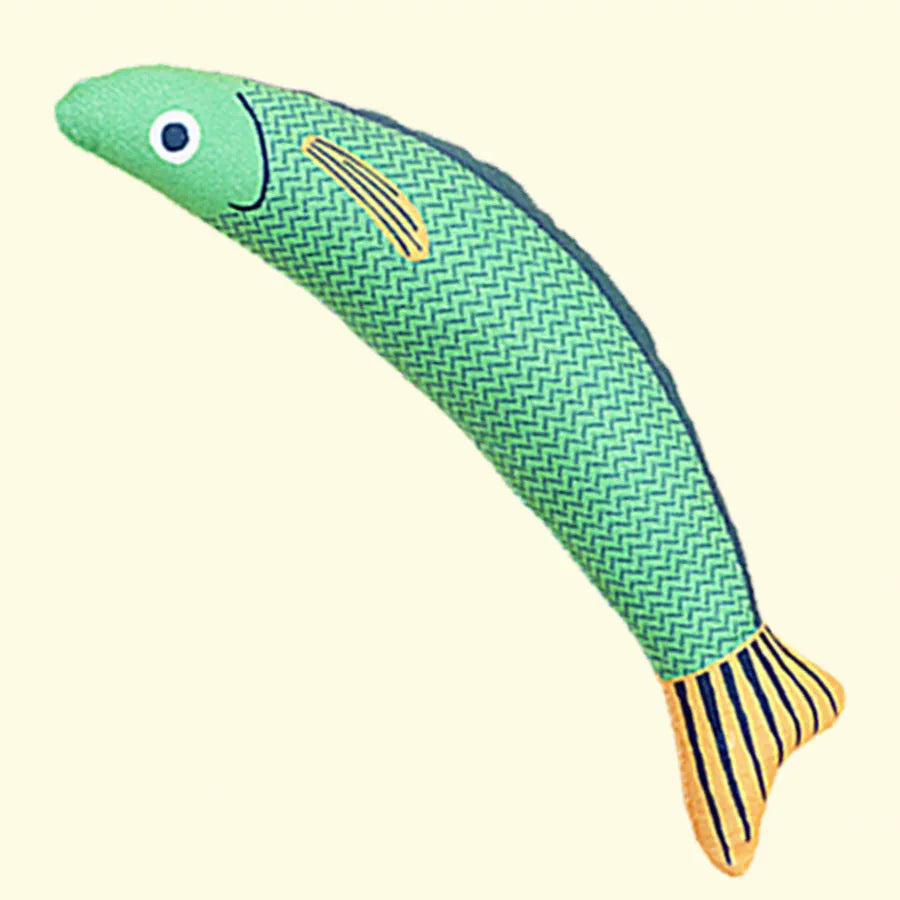 Green fish-shaped cat kicker toy with organic catnip filling and crinkle sound feature