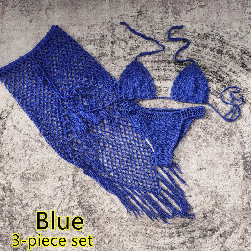 Handmade crochet bikini swimsuit set with matching beach skirt in acrylic fabric