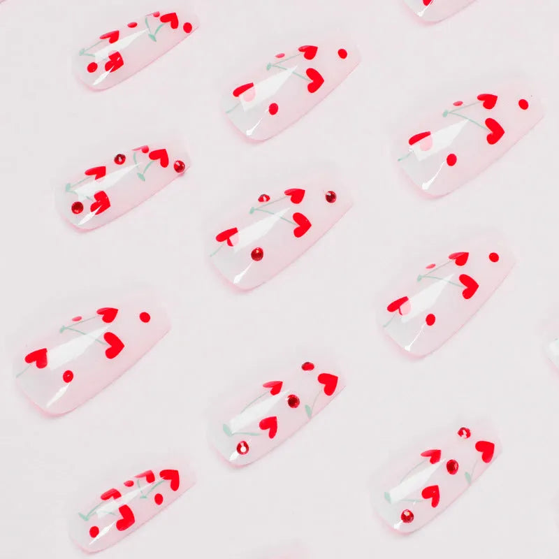 French Love Red Diamond small cherry design press-on artificial fingernails in JP1601 colour, 24 piece set with glue