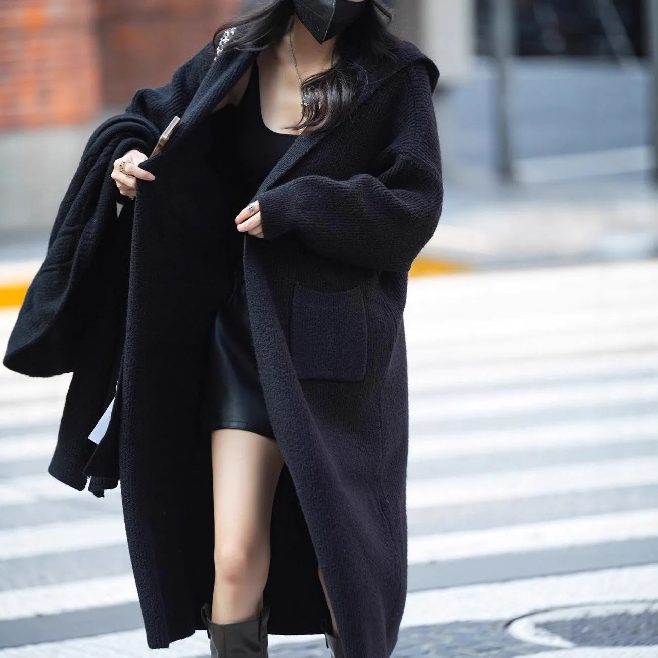 Women's long knitted cardigan hooded trench coat in wool blend fabric