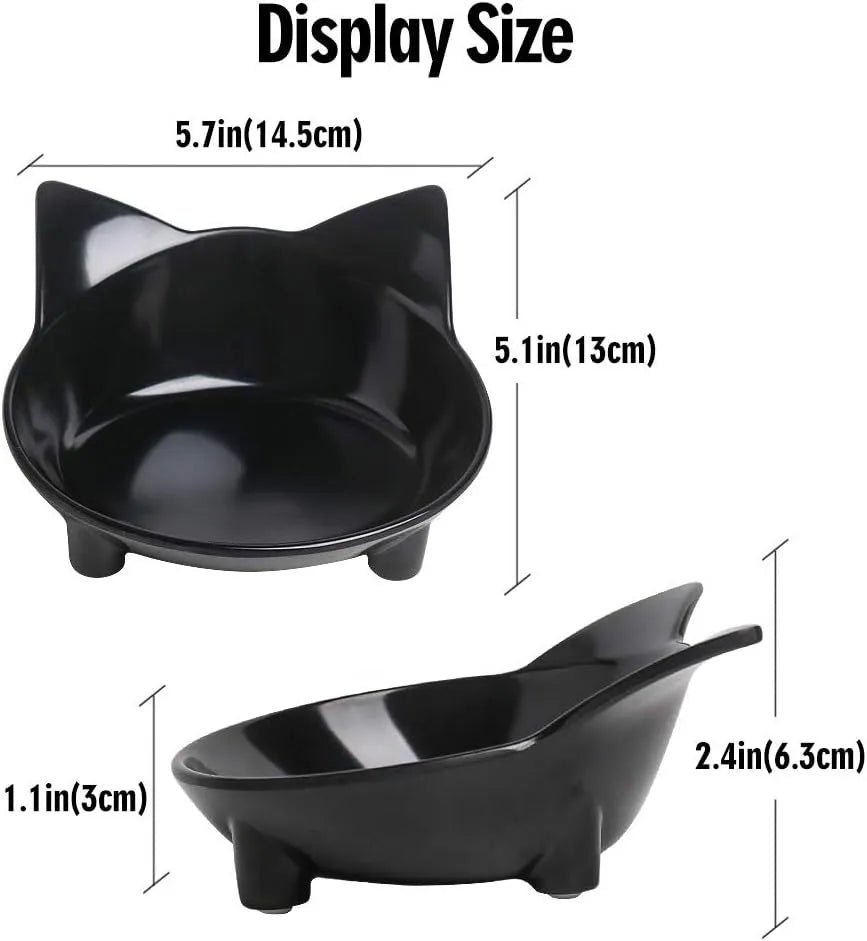 Black shallow melamine cat food bowl with non-slip rubber base on a white background.