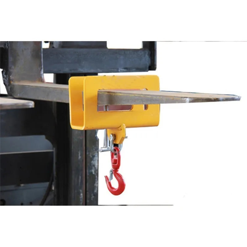 Rotatable iron forklift crane hook with safety lock and locking column, mounted on forklift forks.