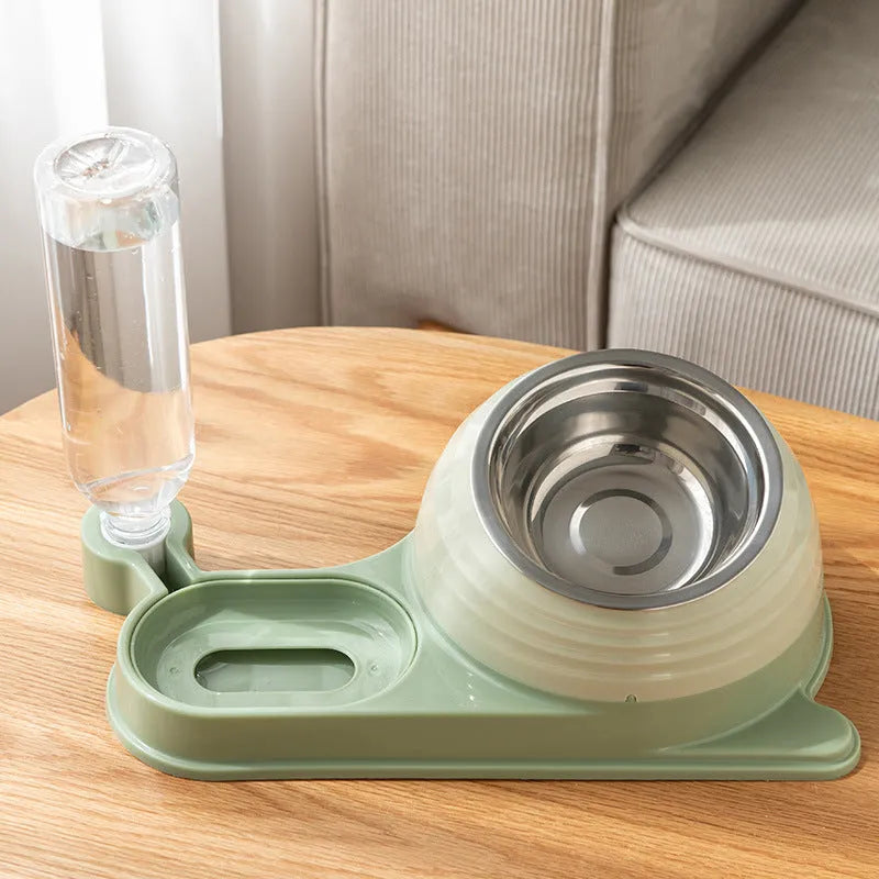 Brown cat food bowl with water dispenser bottle and elevated feeding station