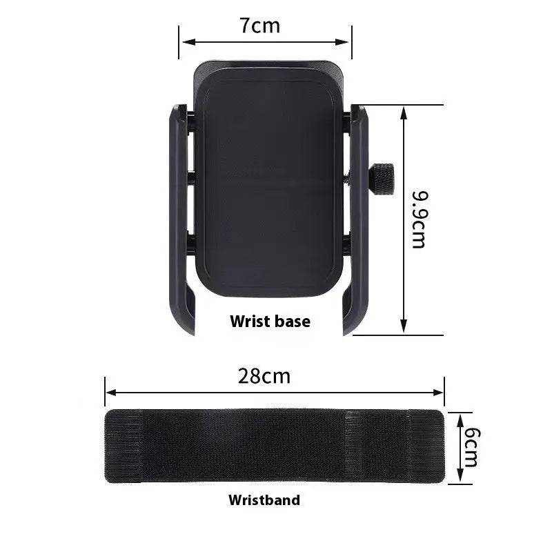 Universal plastic arm and wrist mobile phone bracket for outdoor running and sports, shown as a fixed phone stand.