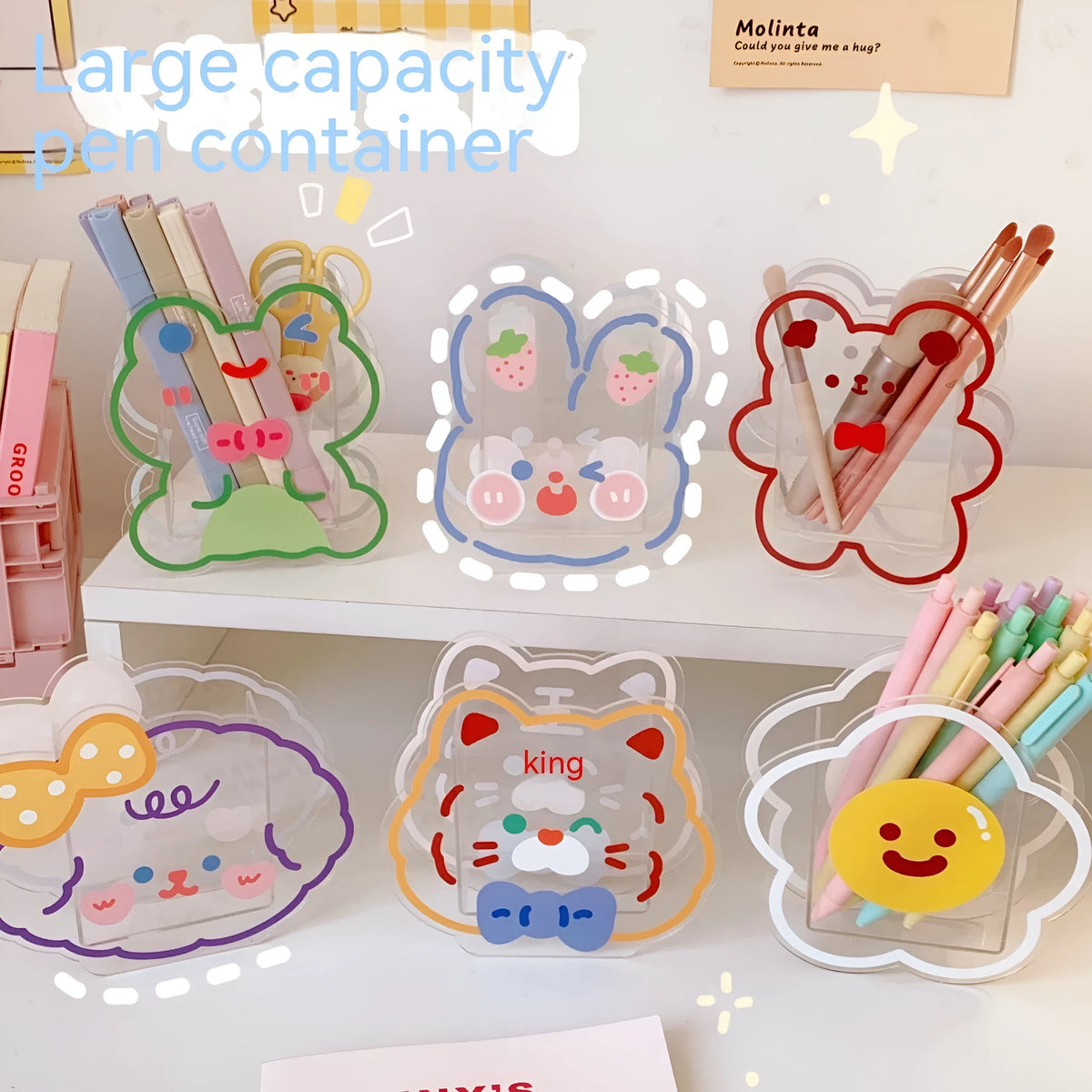 Square acrylic storage box with cute animal design for stationery organisation