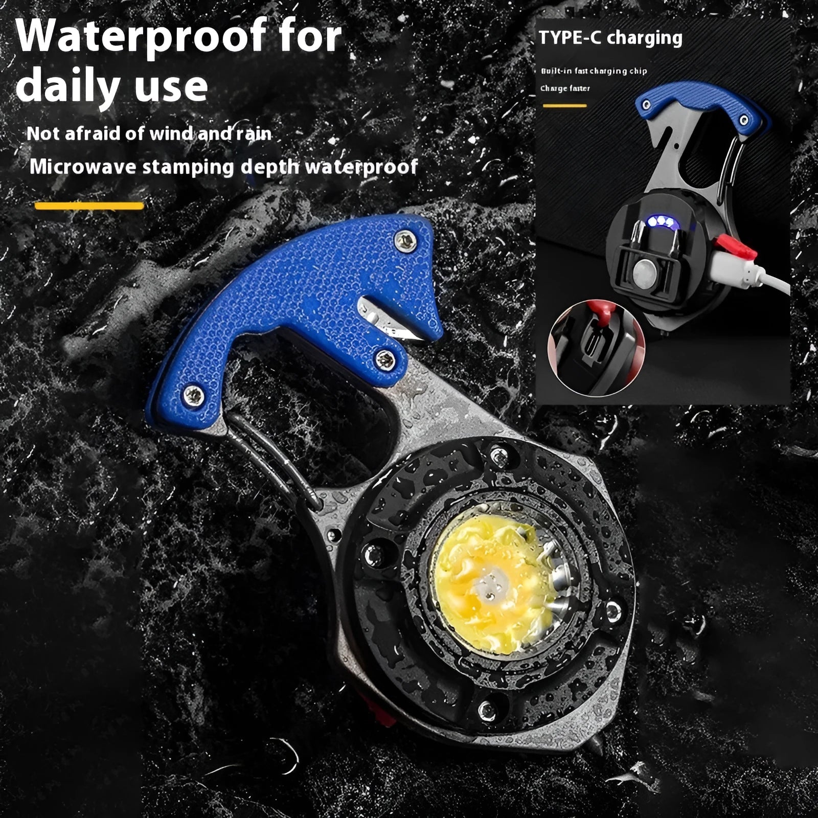 Silver and black multifunctional keychain light with LED array, window breaking hammer tip, and screwdriver.