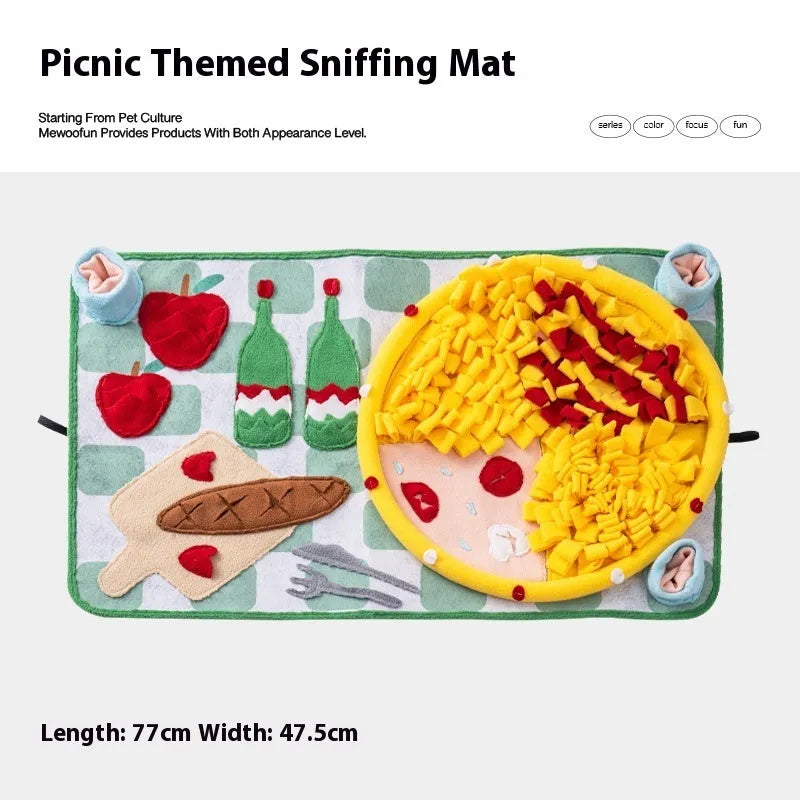 Dog sniffing mat with printed Garden Camping theme pattern, a plastic fabric puzzle toy for hiding treats.
