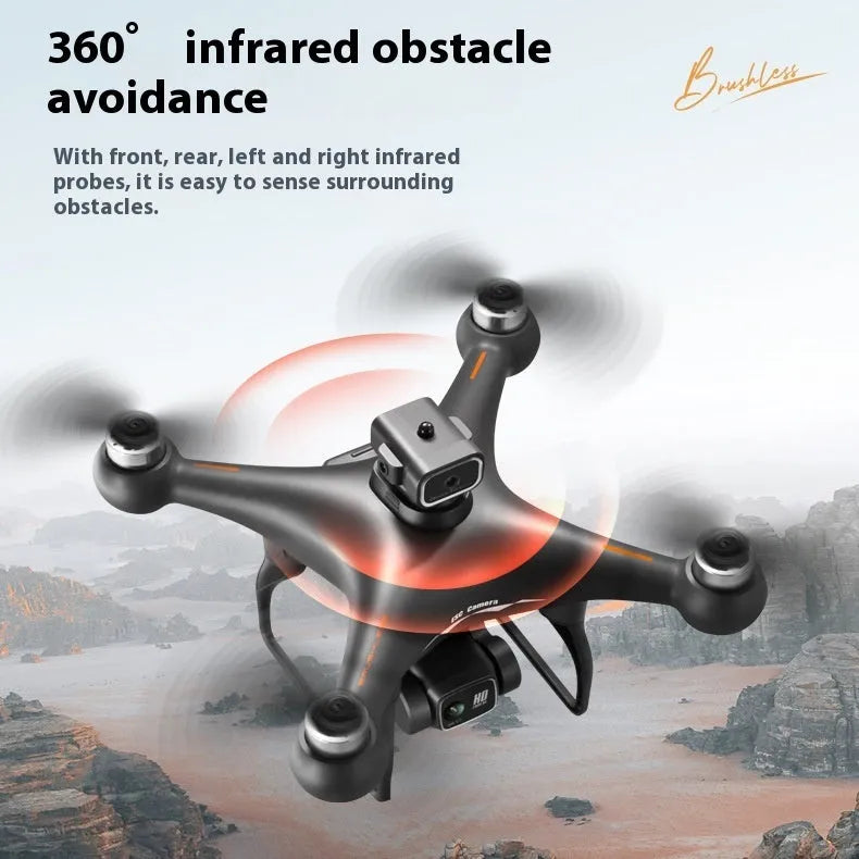 Black HD brushless UAV drone with four propellers, remote control, battery, and camera shown on a white background.