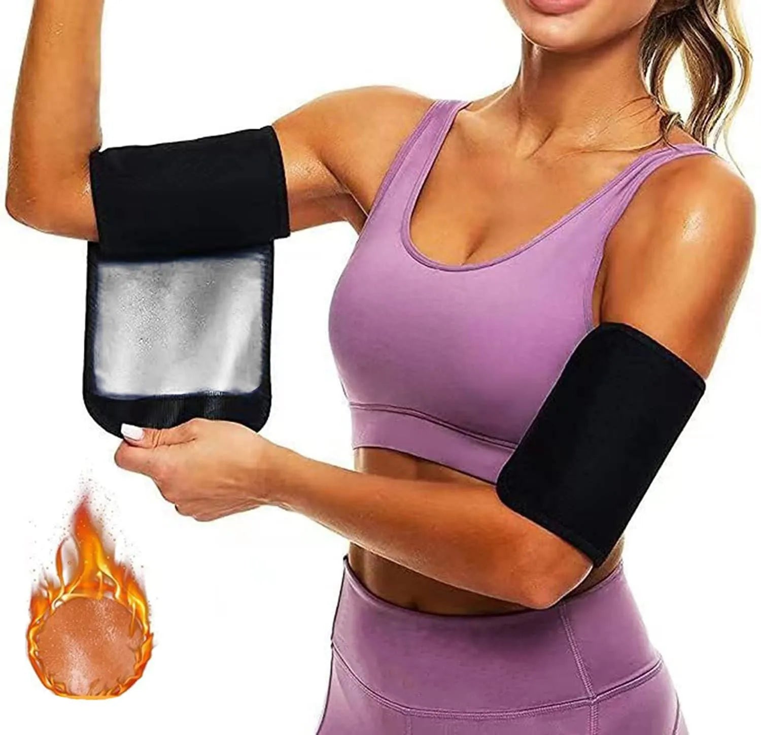 Blue and silver arm compression sweatbands shown in various sizes for sports and yoga.