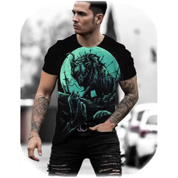 Retro 3D animal print on a men's short-sleeved light grey pullover T-shirt.
